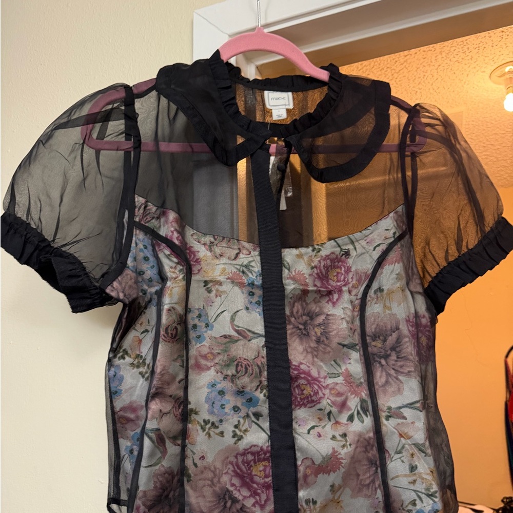 Anthropologie Black Sheer Floral Blouse